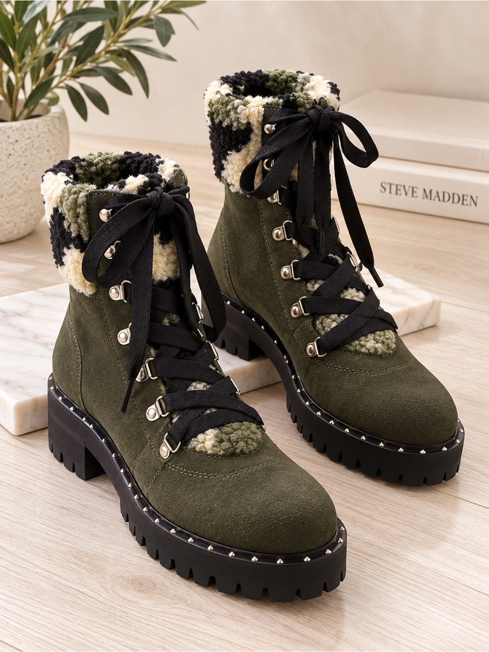 Steve Madden Rainier Olive Suede Camo Sherpa Combat Boots 8.5 NWOT